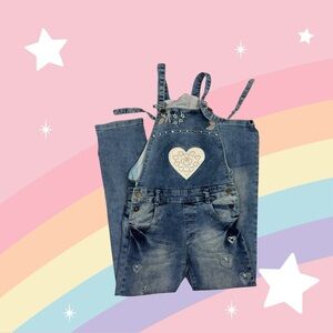 Denim Heart-Embroidered Kids Overalls
